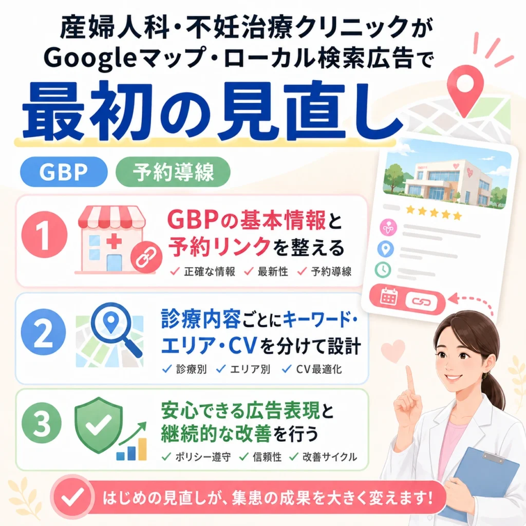 Googleマップ・ローカル検索広告で最初に見直すGBP情報・予約導線・広告表現をまとめたイラスト