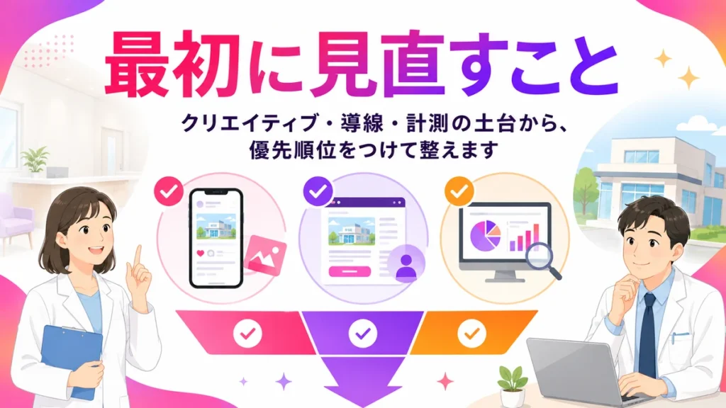 Instagram広告で最初に見直すべき土台と優先順位を示すイラスト