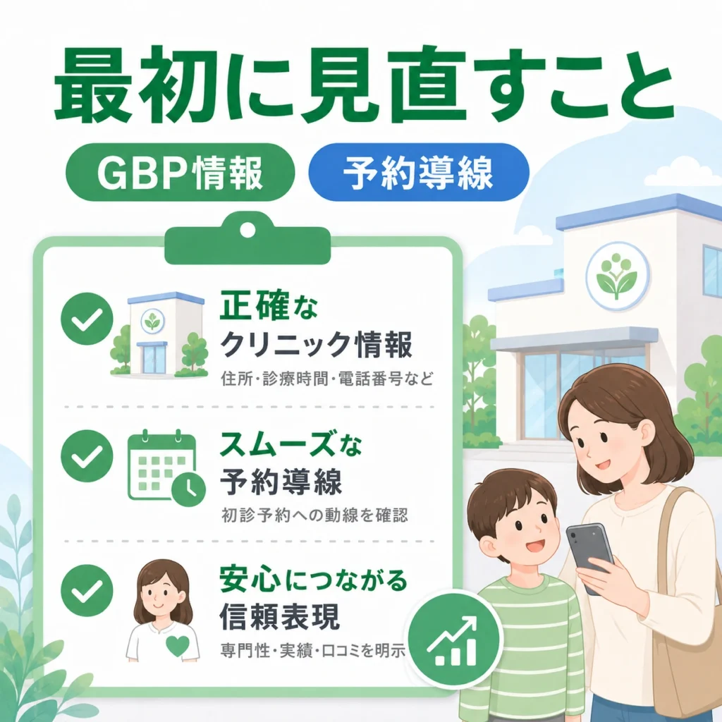 GBP情報と予約導線を最初に見直すべき優先項目として整理したチェックリストのイラスト