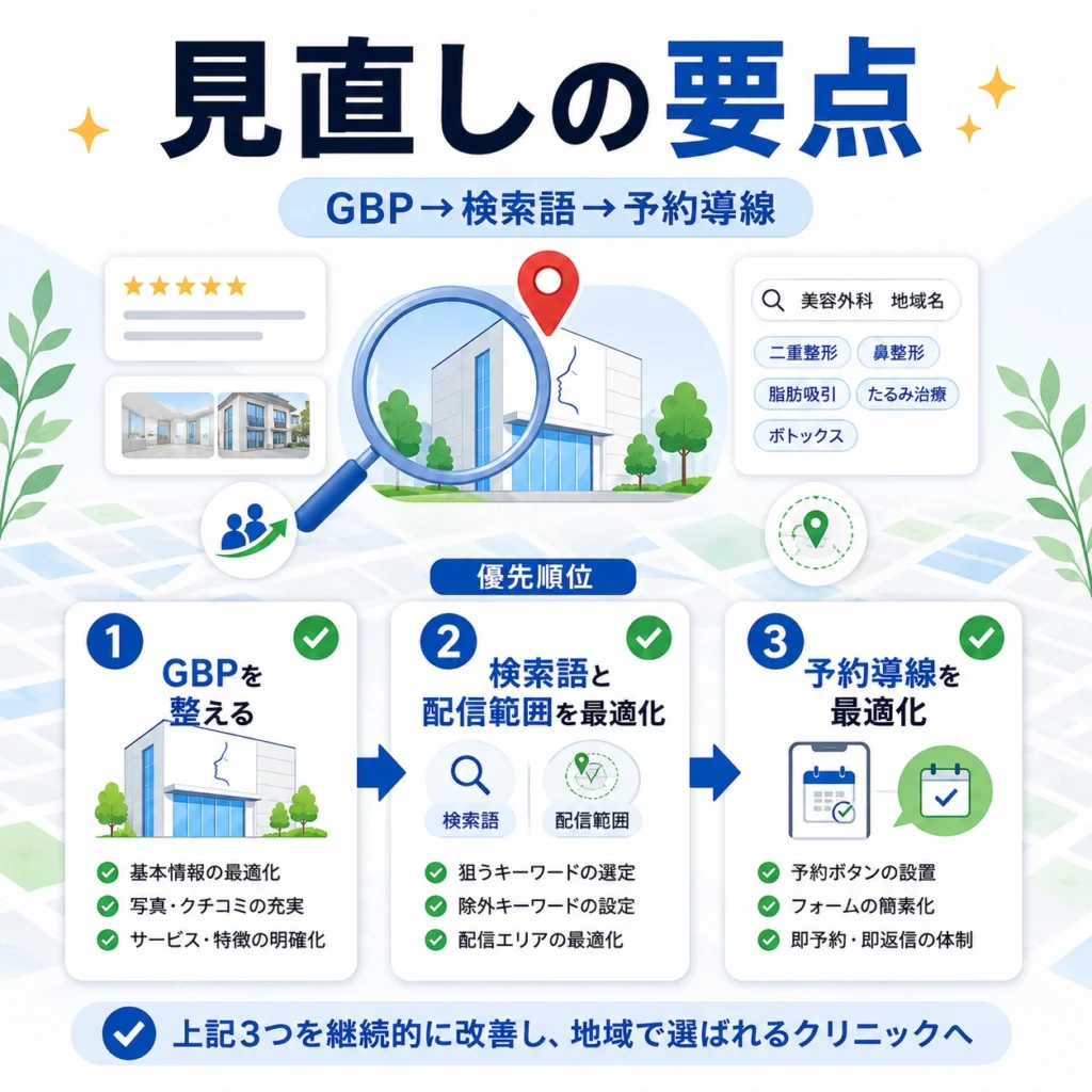 GBP整備から検索語設計と予約導線までGoogleマップ広告の見直し要点をまとめたイラスト