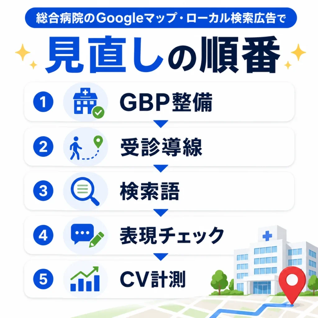 総合病院のローカル検索広告でGBP整備からCV計測まで見直す順番を示すイラスト