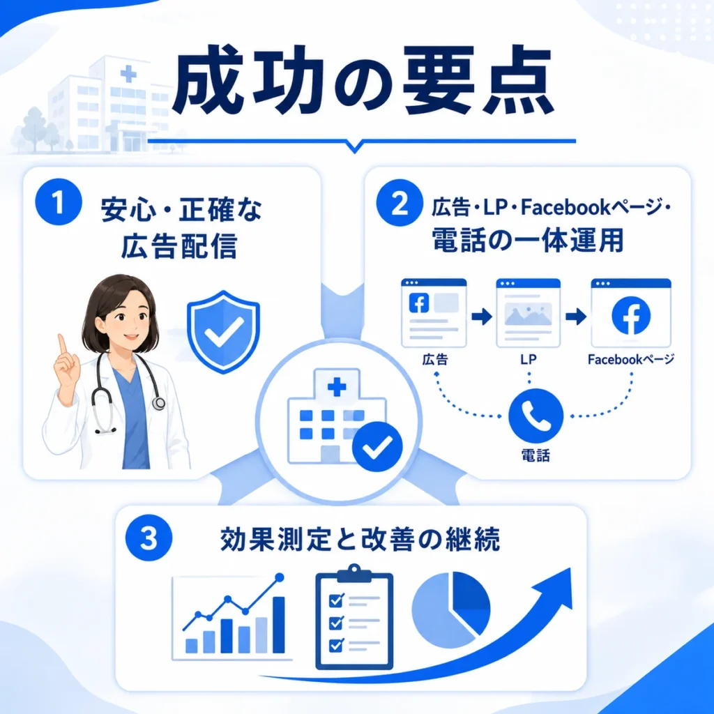 総合病院のFacebook広告活用を成功に導く要点を3つに整理したイラスト