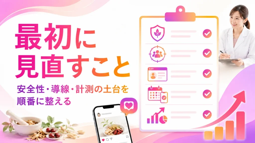 Instagram広告で最初に見直す安全性・導線・計測の土台を示すイラスト