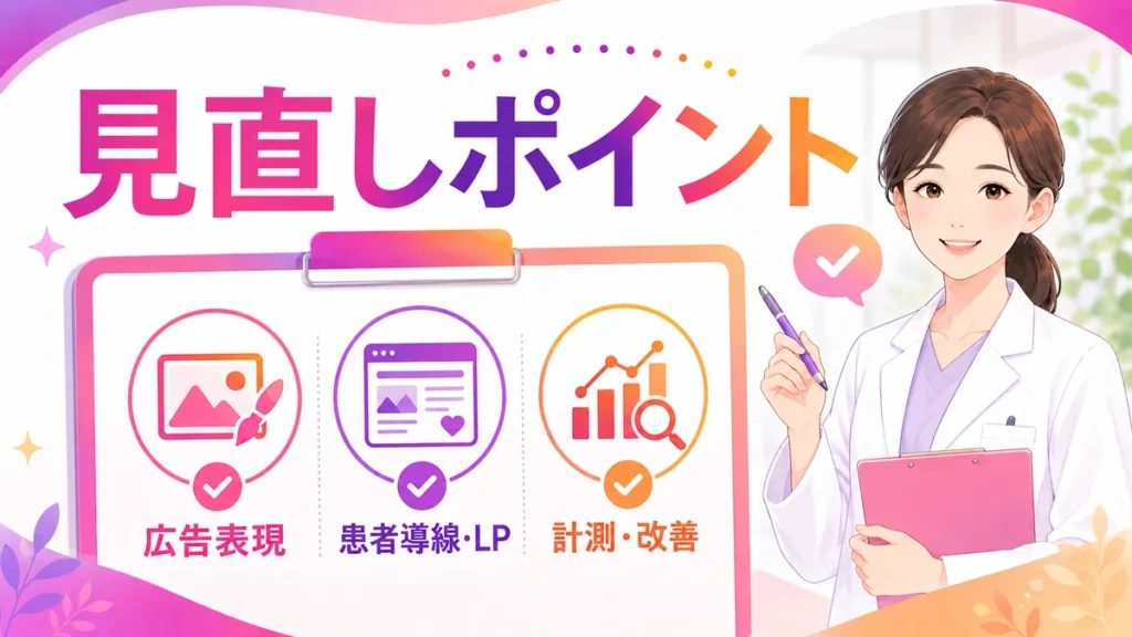 明日から見直す広告表現と導線と測定項目を示す図解