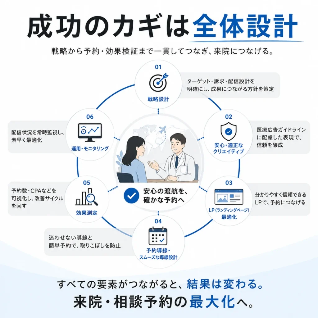 トラベルクリニックのX広告活用を成功に導く全体設計を示すまとめイラスト