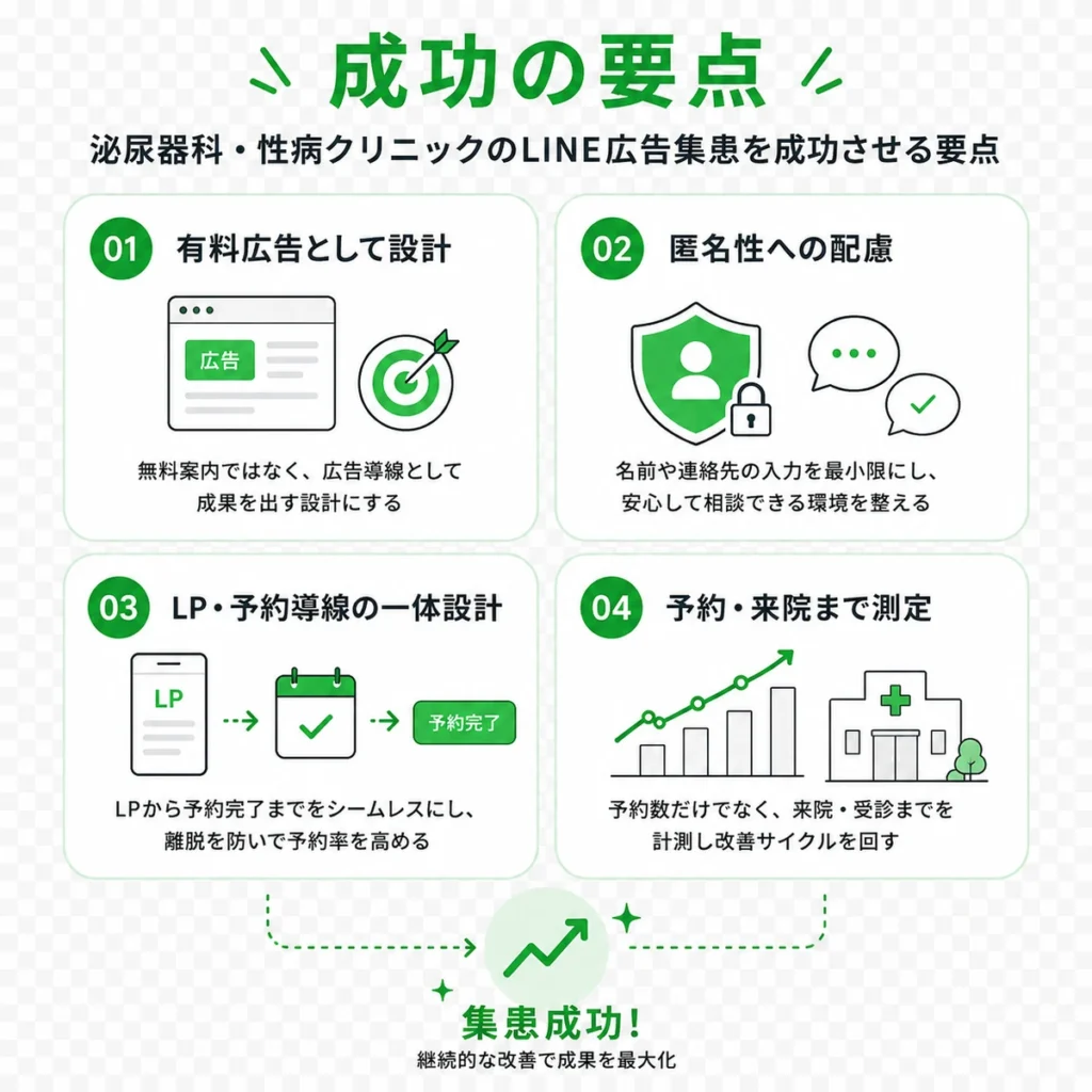 泌尿器科・性病クリニックのLINE広告集患を成功させる要点をまとめたイラスト