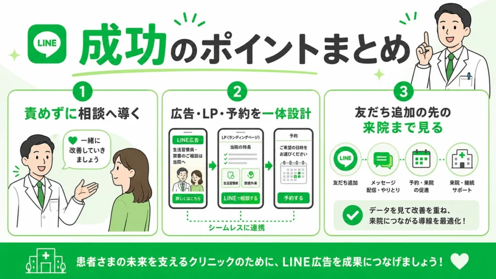生活習慣病・禁煙外来のLINE広告集患を成功させるための相談導線と来院までのポイントをまとめたイラスト