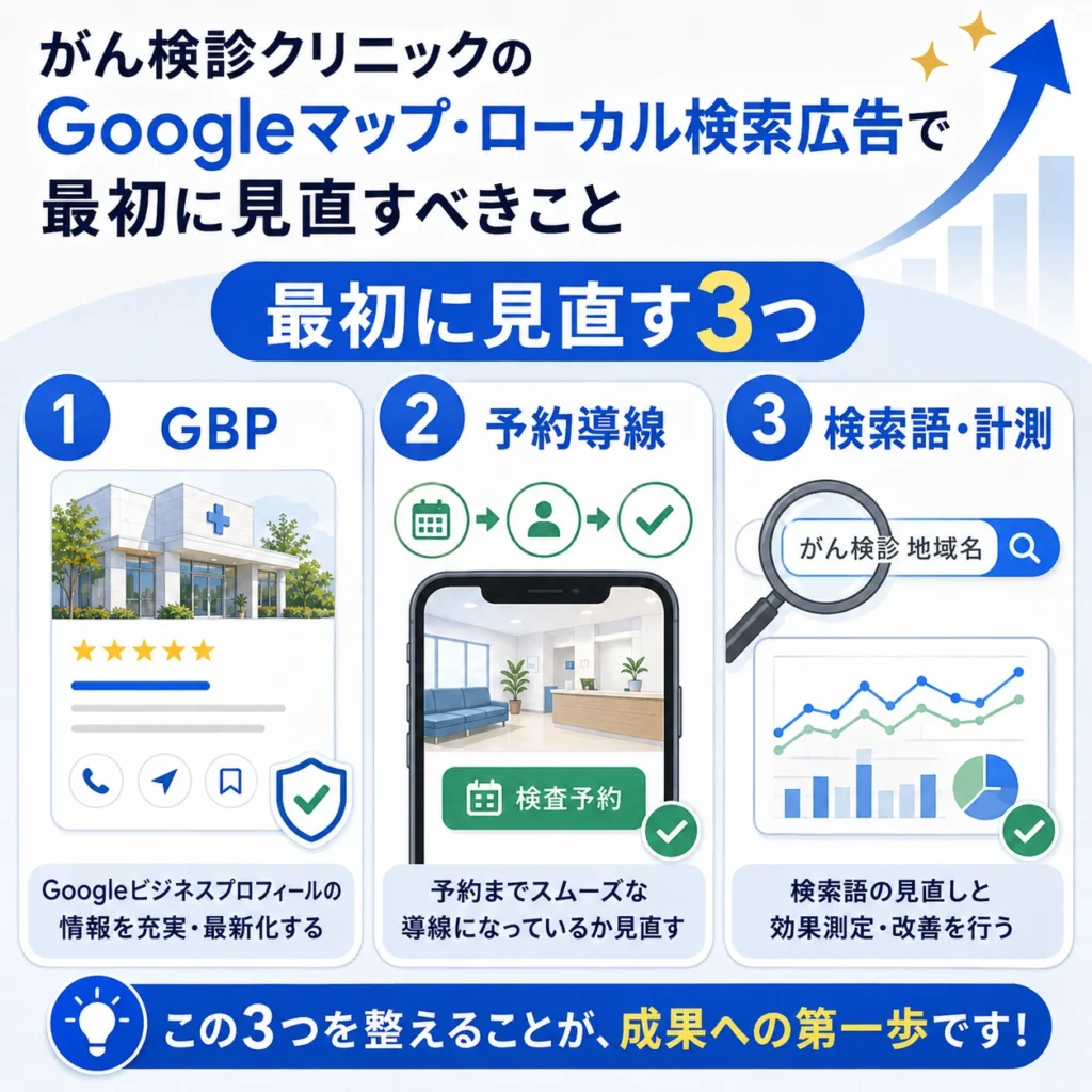 Googleビジネスプロフィール、予約導線、検索語・計測を最初に見直す3点として整理したイラスト