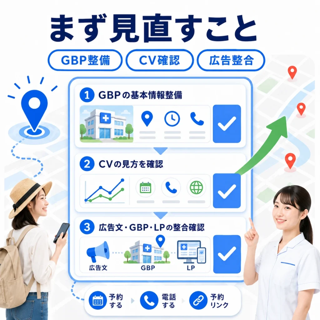 トラベルクリニックのローカル検索広告でGBP整備・CV確認・広告整合を優先して見直す流れを示すイラスト