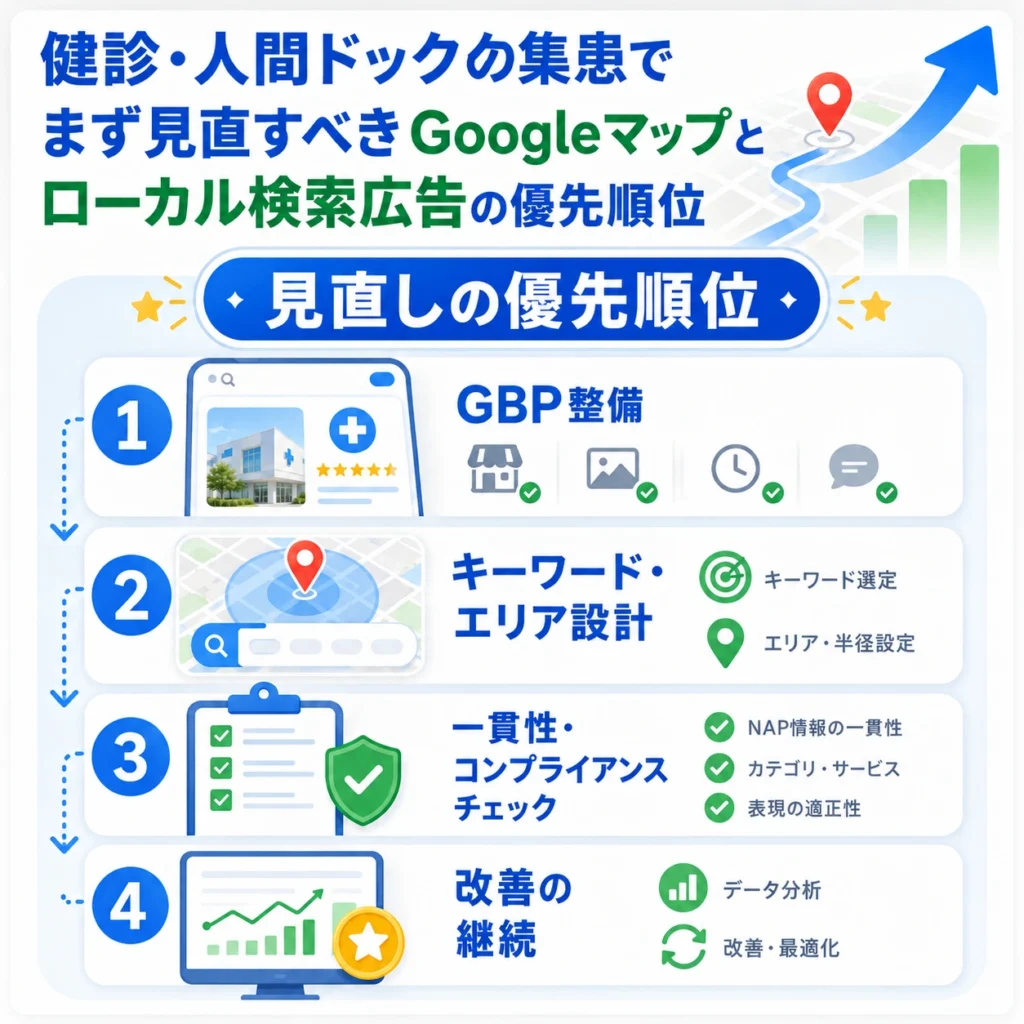 健診・人間ドック集患でGoogleマップとローカル検索広告を見直す優先順位を示すイラスト