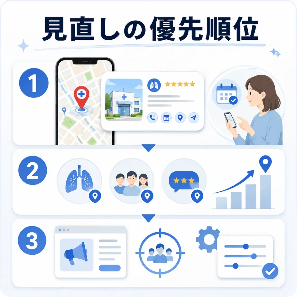 呼吸器内科クリニックのGoogleマップ広告で見直すべき優先順位を3ステップで示すイラスト