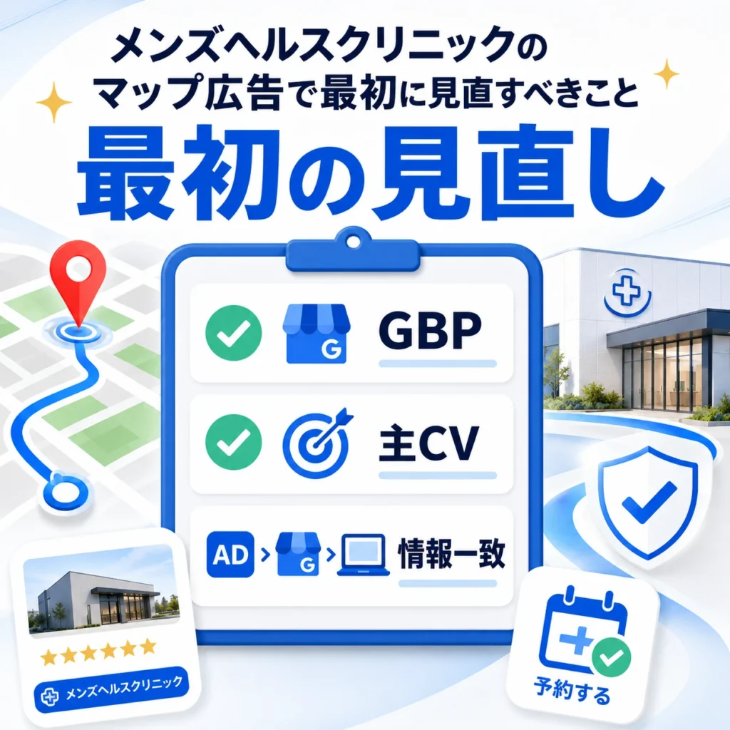 メンズヘルスクリニックのマップ広告で最初に見直すべきGBP・主CV・情報一致のチェックリスト画像