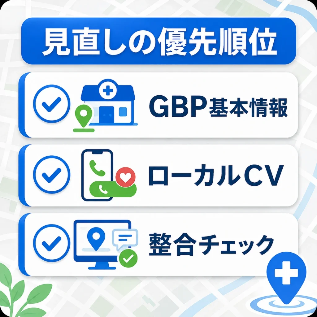 GBP基本情報・ローカルCV・整合チェックの優先順位を示す緩和ケアマップ広告の見直し図解