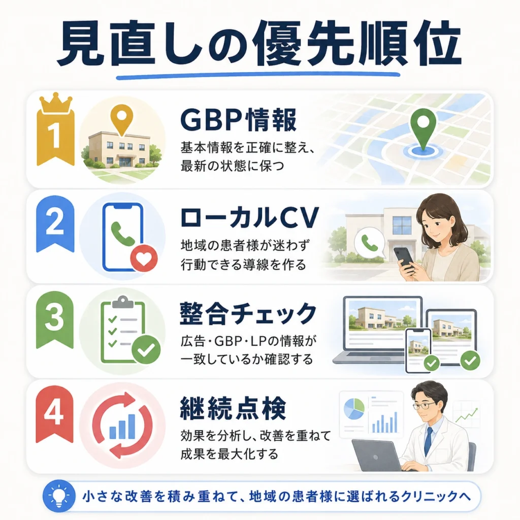 GBP情報・ローカルCV・整合チェック・継続点検の優先順位を示すイラスト