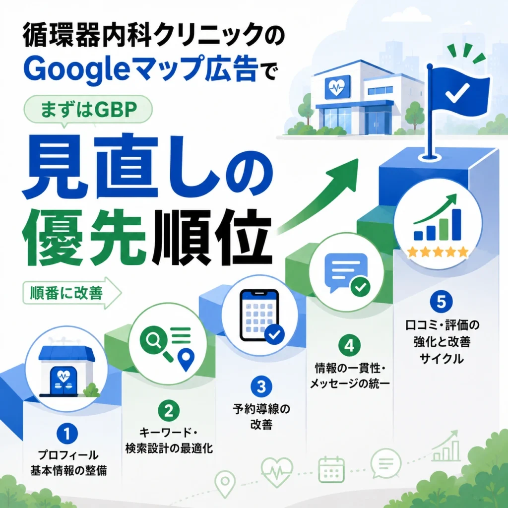 循環器内科クリニックのGoogleマップ広告で見直すべき優先順位を示すイラスト