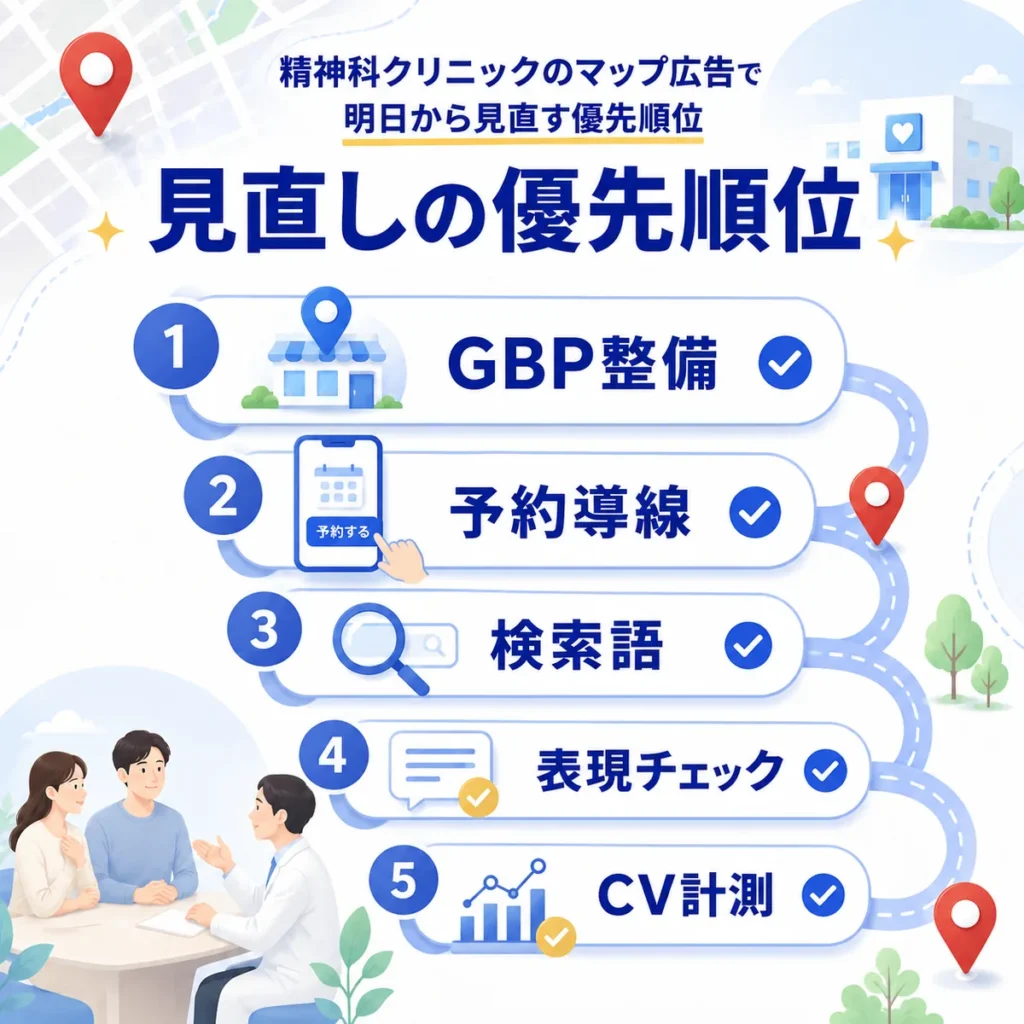 精神科クリニックのマップ広告でGBP整備、予約導線、検索語、表現チェック、CV計測を見直す優先順位を示すイラスト