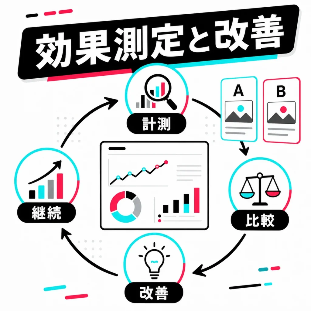 TikTok広告の効果測定と改善サイクルで集患を伸ばす仕組みを示すイラスト