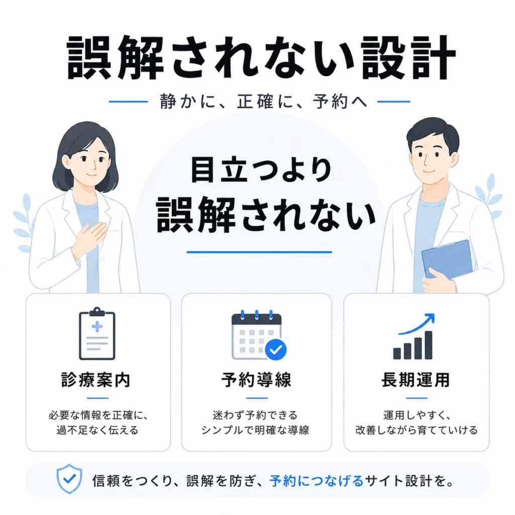 泌尿器科・性病クリニックのX広告を目立たせるより誤解されない設計にする考え方を示すイラスト