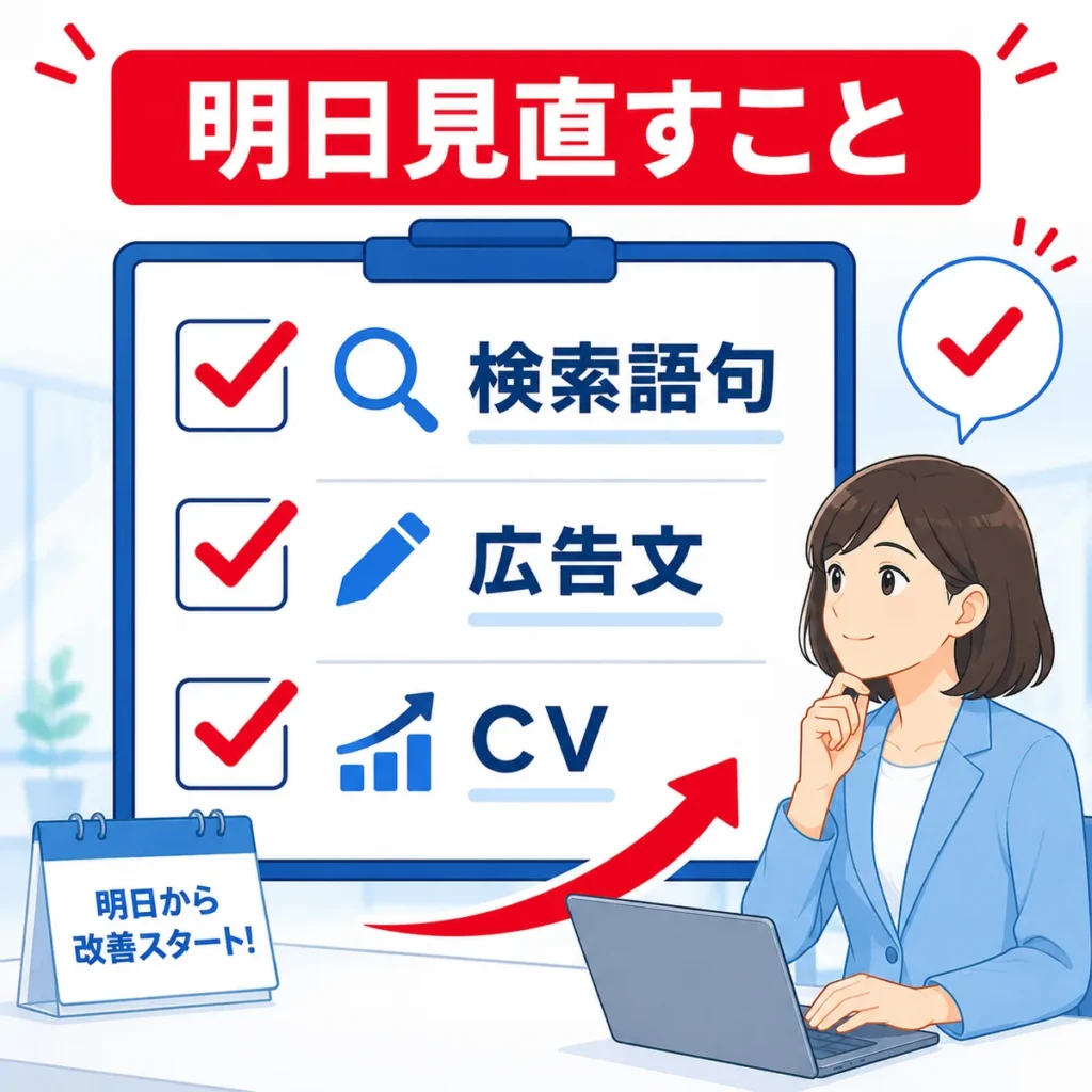 検索語句・広告文・CVを明日から見直す改善チェックリストを示すまとめ用イラスト
