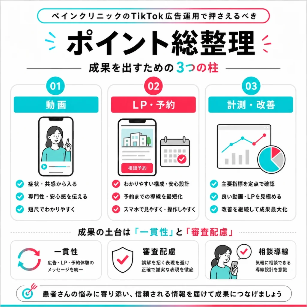 ペインクリニックのTikTok広告運用で押さえる動画、LP予約、計測改善の要点を整理したイラスト