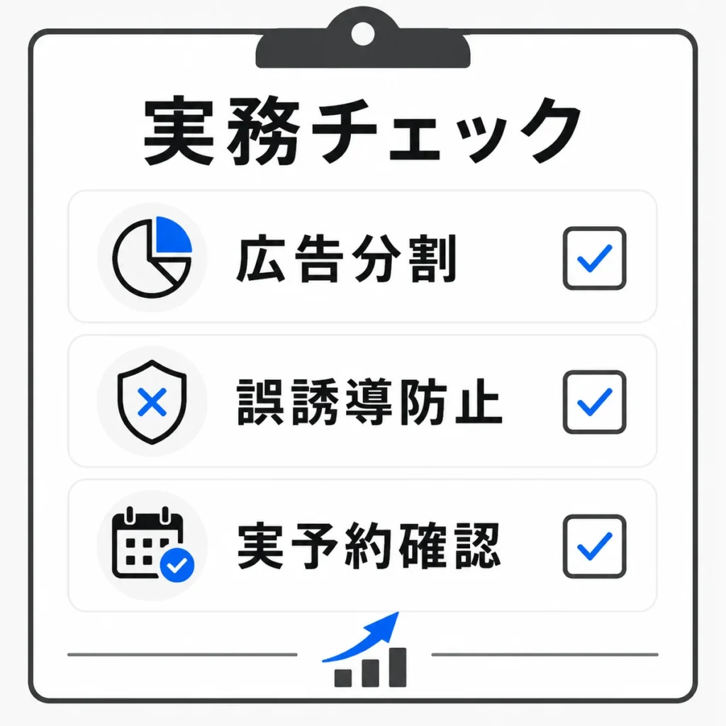 総合病院のX広告を成果につなげるための実務チェック項目を示すイラスト