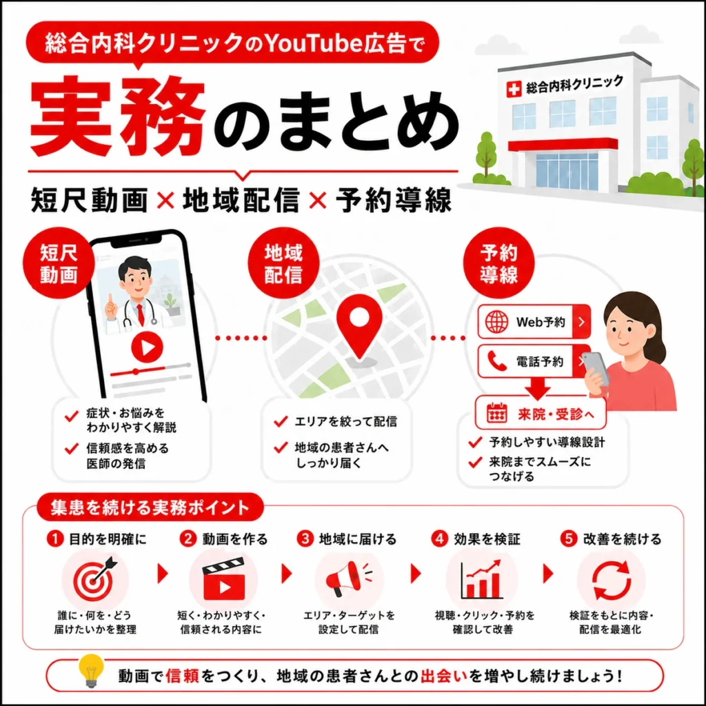 短尺動画と地域配信と予約導線で総合内科クリニックの集患を続ける実務まとめのイラスト
