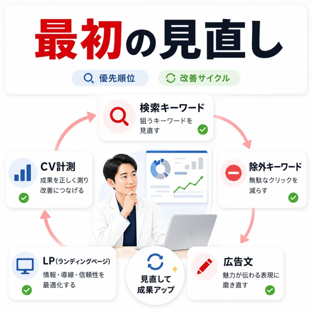 肛門外科のYahoo!リスティング広告で最初に見直す検索語句や広告文、LP、CV測定の優先順位を示すイラスト