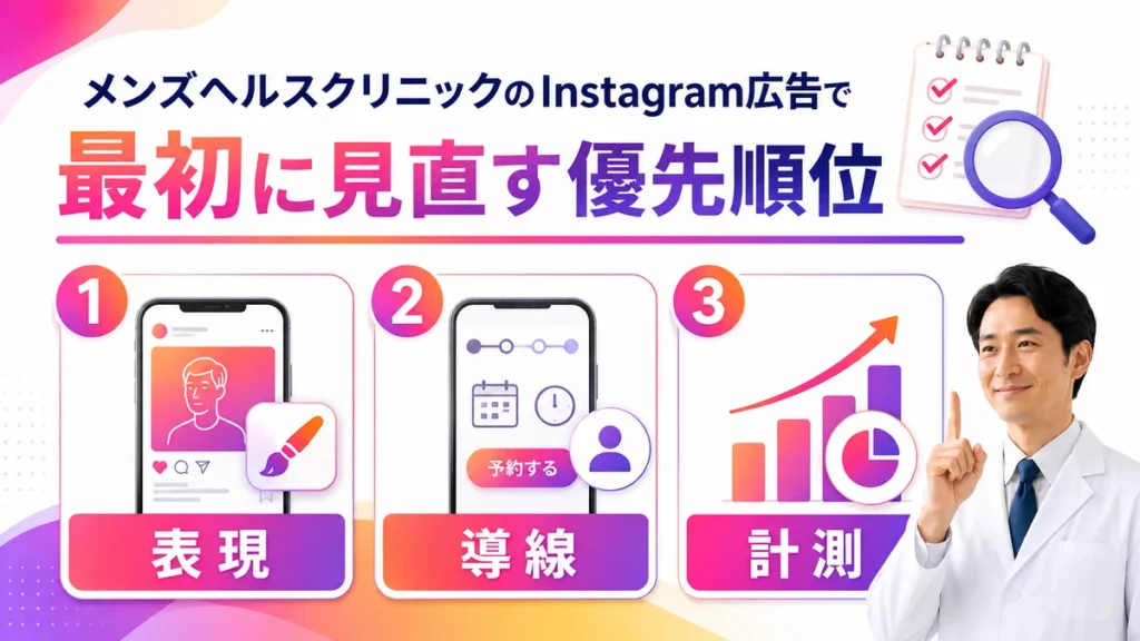 Instagram広告で最初に見直す優先順位を示すまとめイラスト