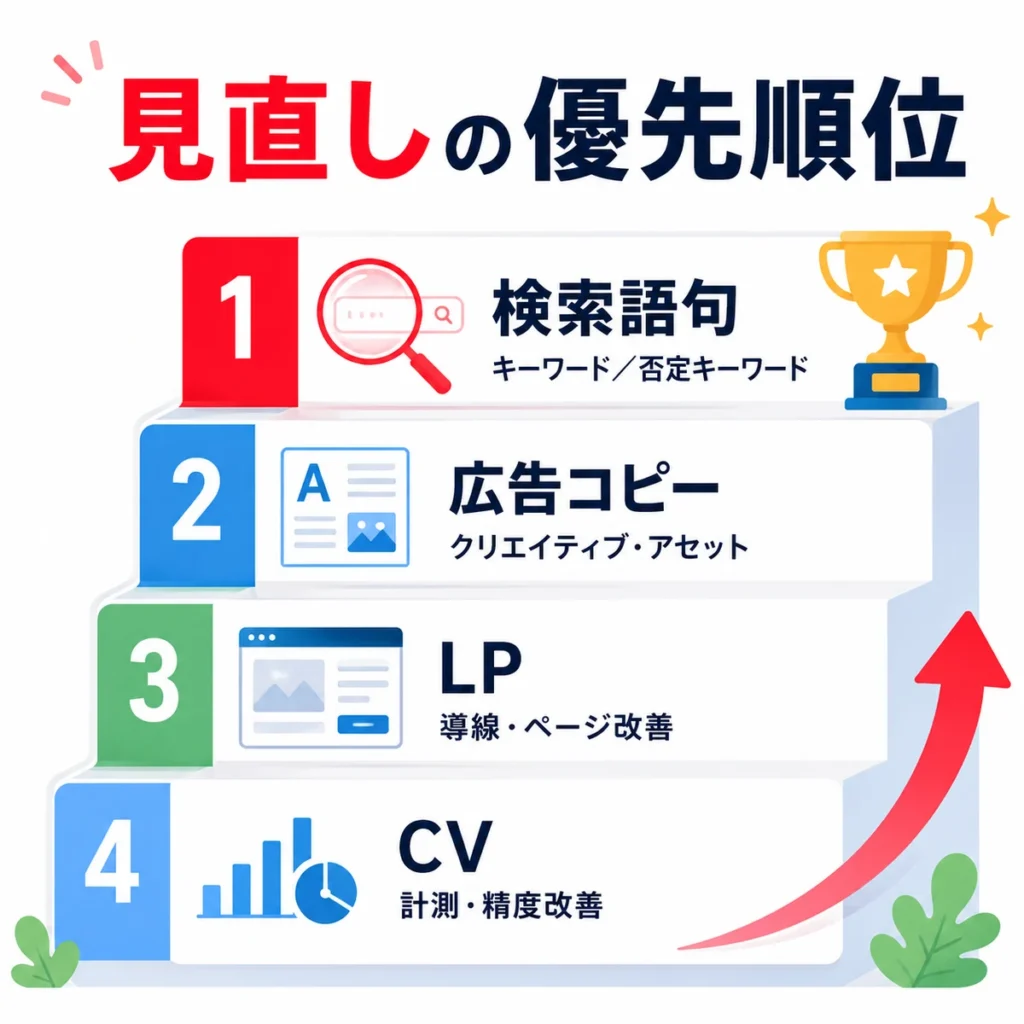 総合病院のYahoo!リスティング広告で見直すべき優先順位を示すまとめイラスト