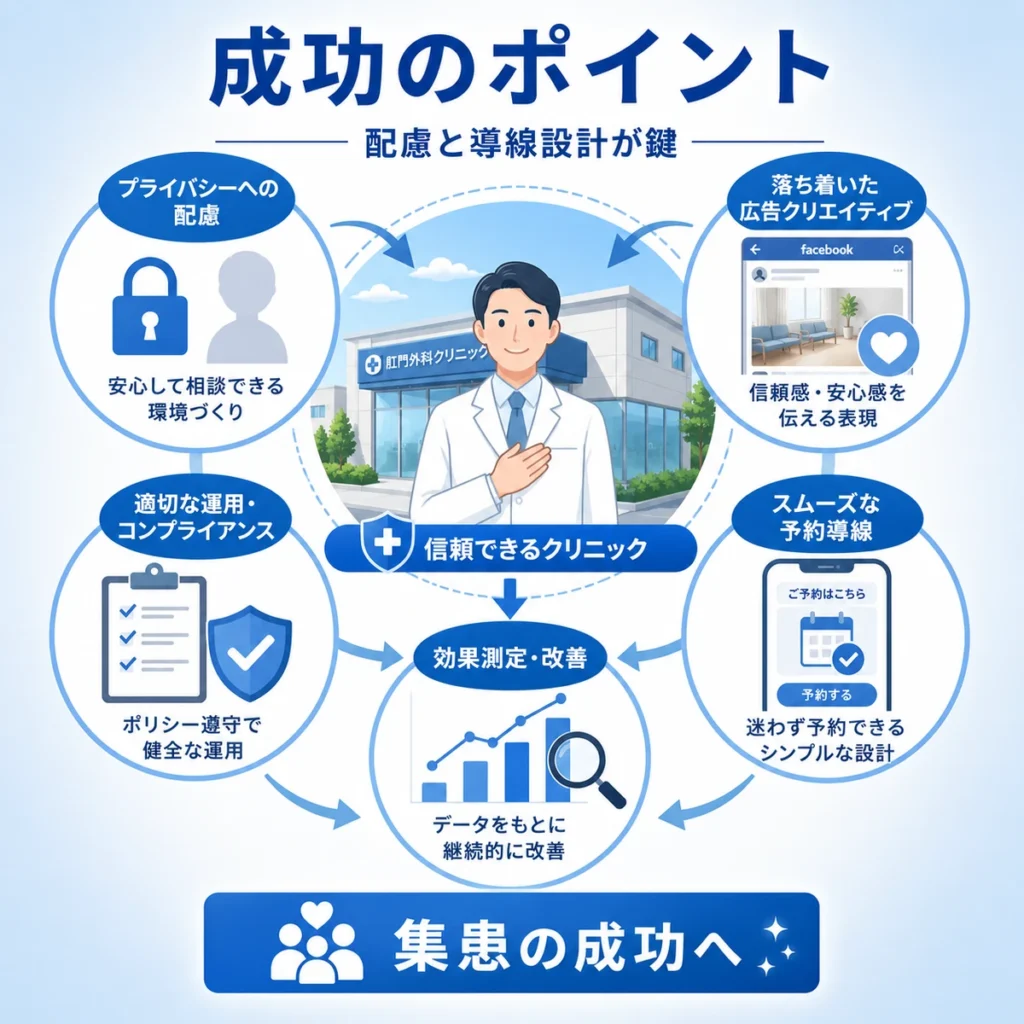 肛門外科クリニックがFacebook広告で集患を成功させるための配慮と導線設計をまとめたイラスト