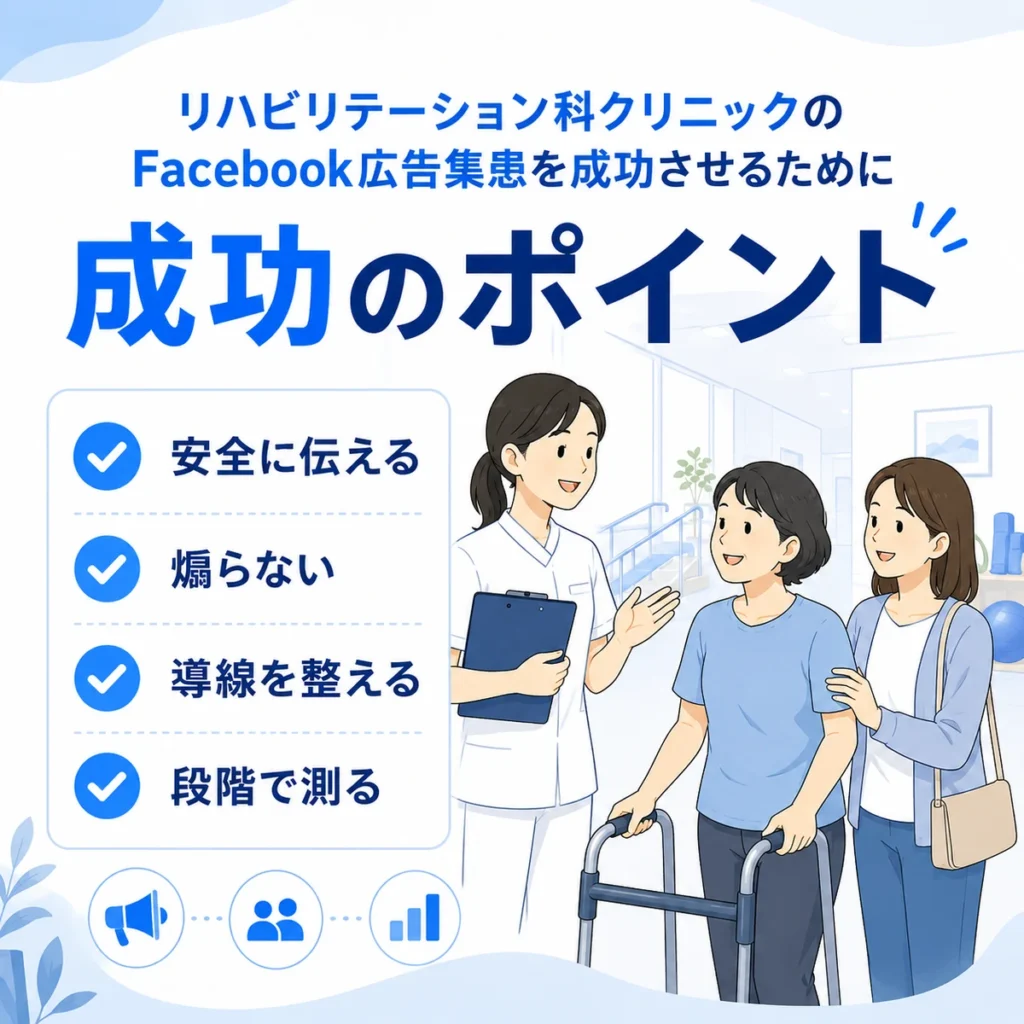 リハビリテーション科クリニックのFacebook広告集患を成功させるための要点をまとめたイラスト
