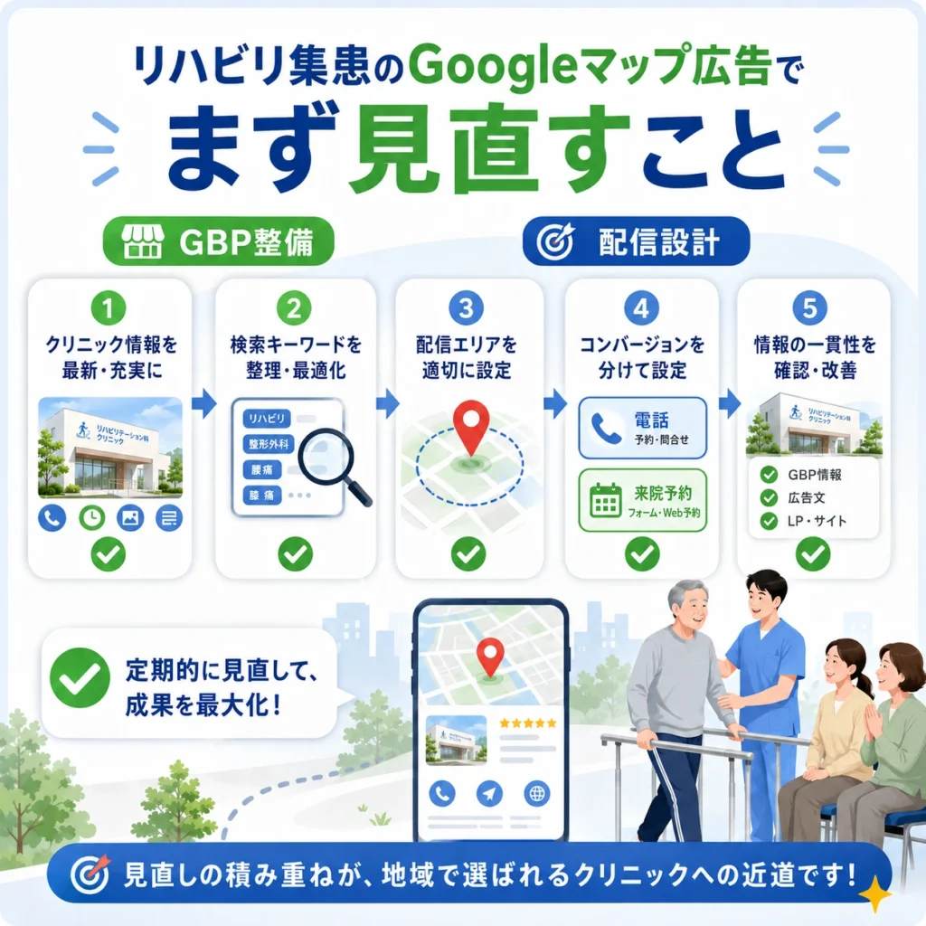 リハビリ集患のGoogleマップ広告でGBP整備・配信設計・CV計測を順に見直すチェックリストを示すイラスト
