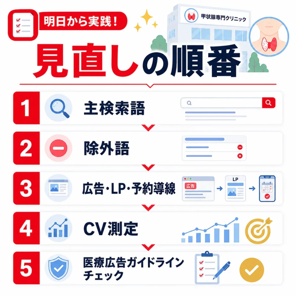 Yahoo!リスティング広告を明日から見直す順番をチェックリスト形式で整理したまとめイラスト