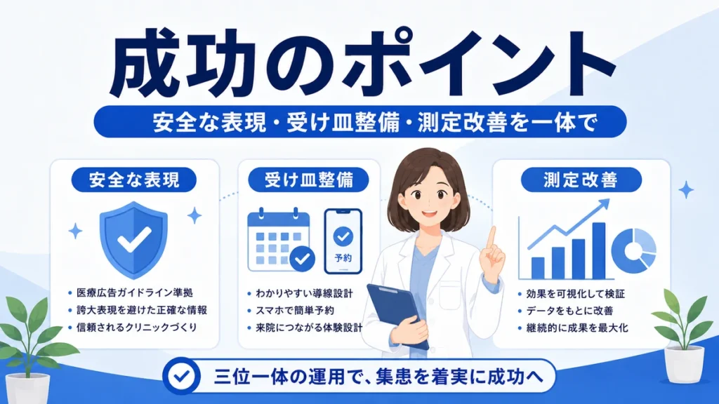 安全な表現、受け皿整備、測定改善を一体で進めるリウマチ・膠原病科Facebook広告成功のポイントを示すイラスト