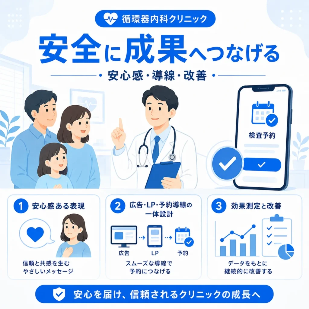循環器内科クリニックのFacebook広告を安心感ある表現と導線設計と改善で安全に成果へつなげるまとめイラスト
