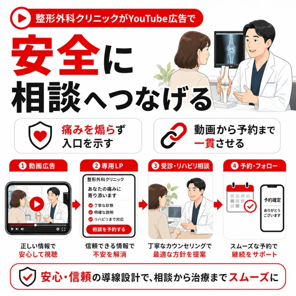 整形外科クリニックのYouTube広告で痛みを煽らず動画から予約まで一貫させ安全に受診やリハビリ相談へつなげる流れを示すイラスト
