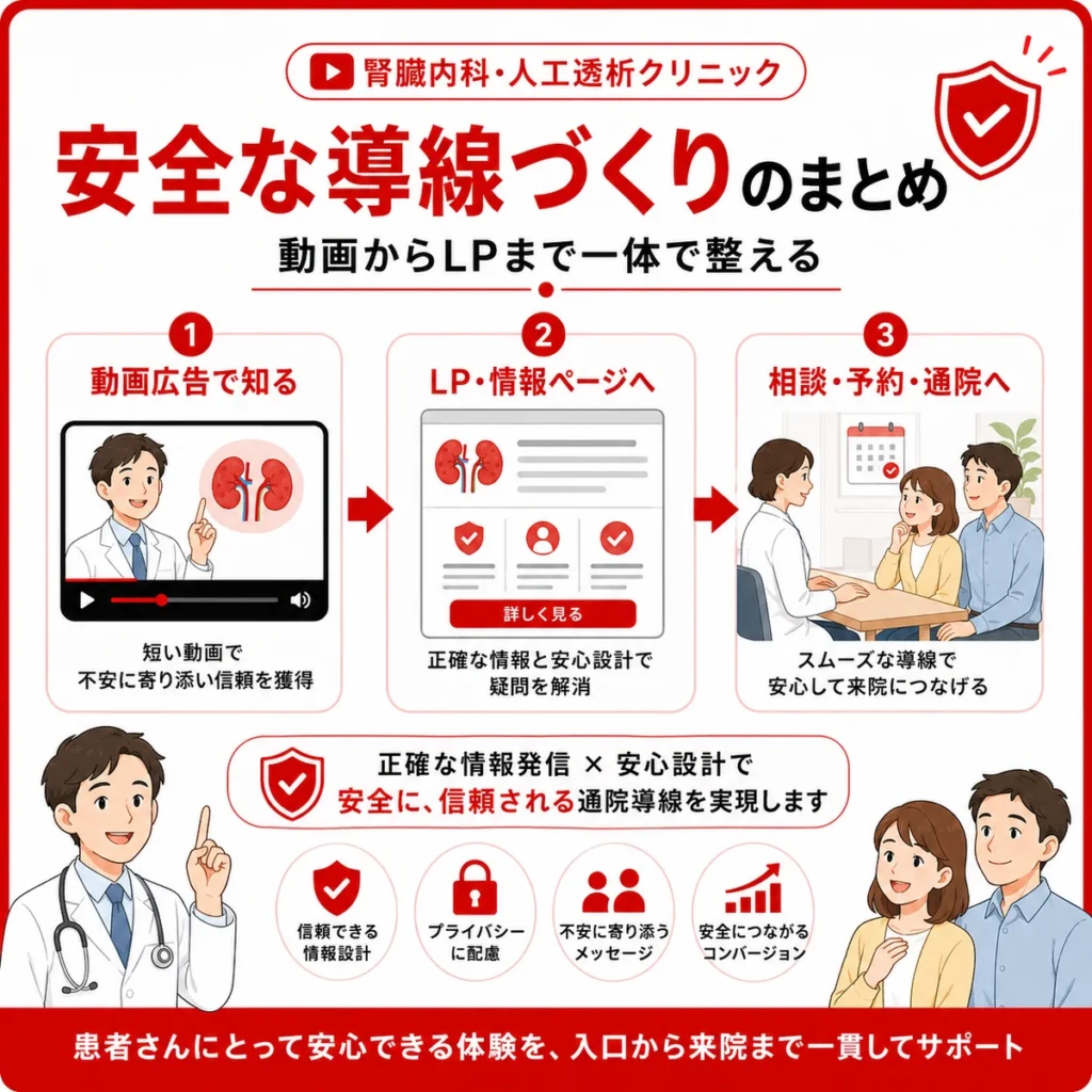 YouTube広告からLP、相談、通院まで安全な導線づくりをまとめたイラスト