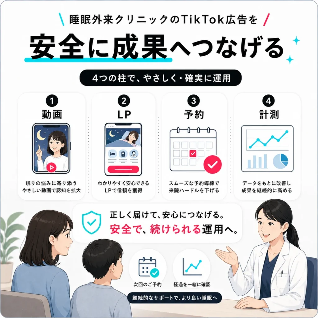 睡眠外来クリニックのTikTok広告を動画、LP、予約、計測の4つの柱で安全に運用するまとめイラスト