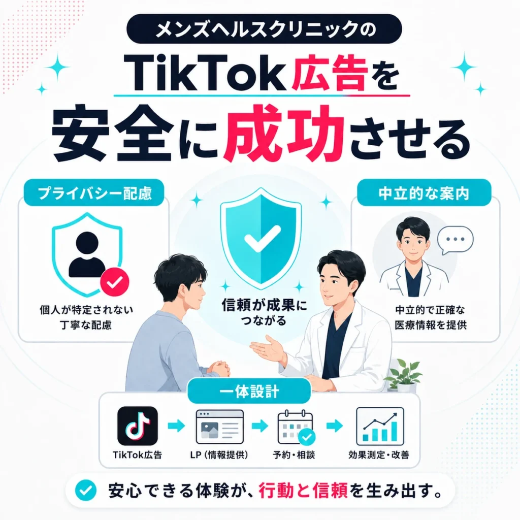 メンズヘルスクリニックのTikTok広告を安全に成功させるためのプライバシー配慮と一体設計を示すイラスト