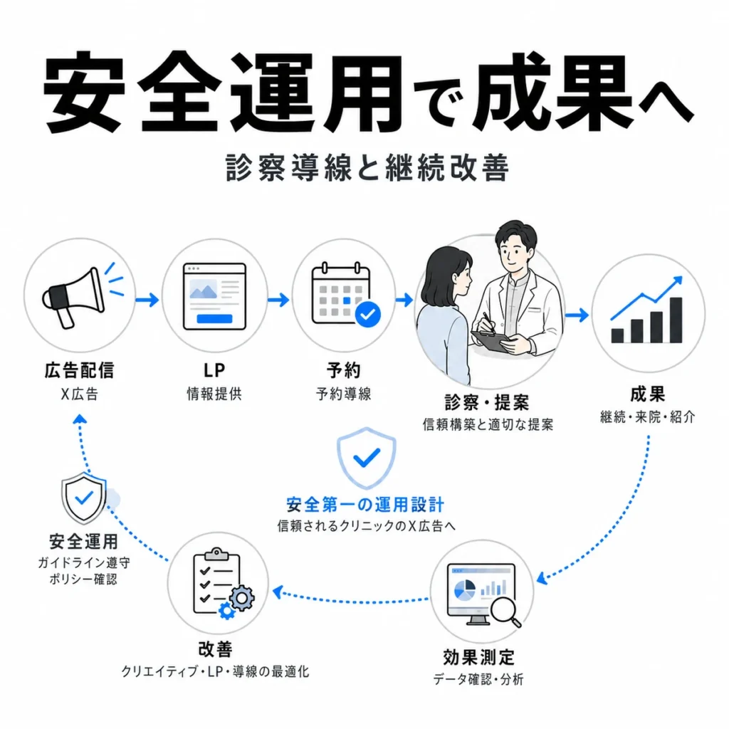 漢方内科クリニックのX広告を安全運用と継続改善で成果につなげる流れを示すまとめ用イラスト