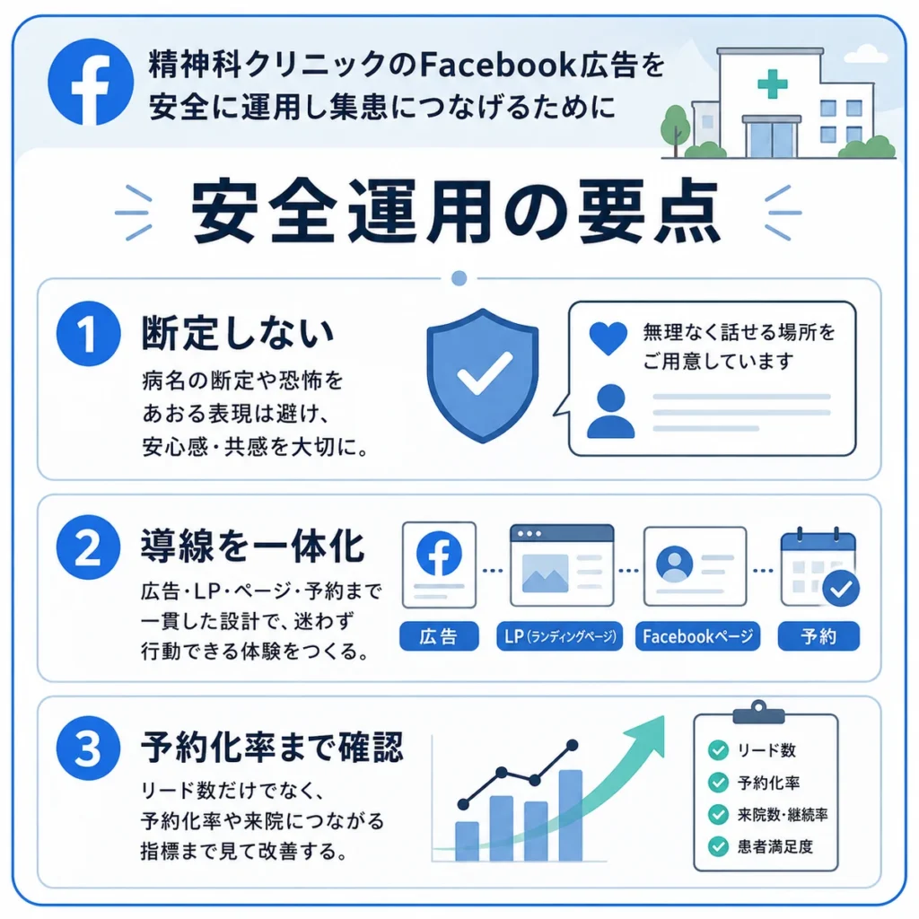 精神科クリニックのFacebook広告を安全に運用し集患につなげる要点を整理したイラスト