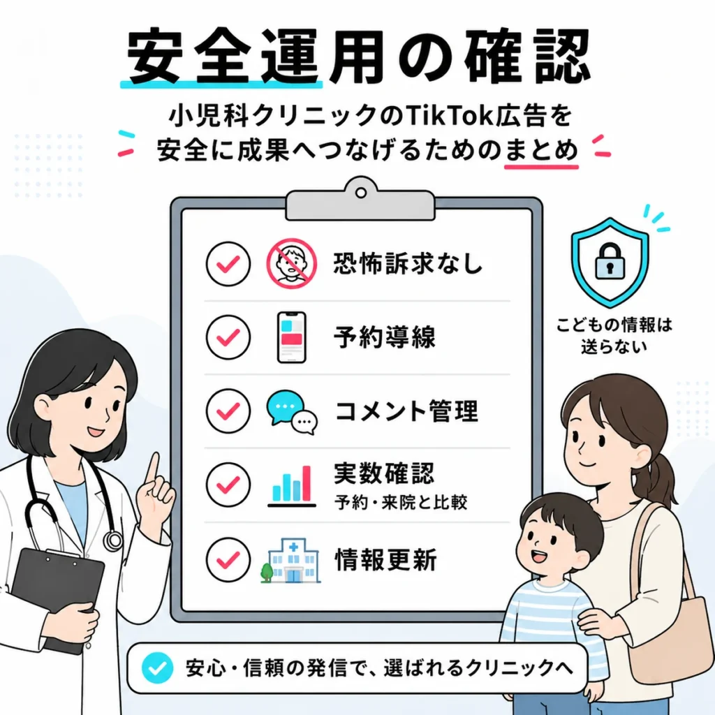 小児科TikTok広告を安全に成果へつなげる運用確認項目をまとめたイラスト