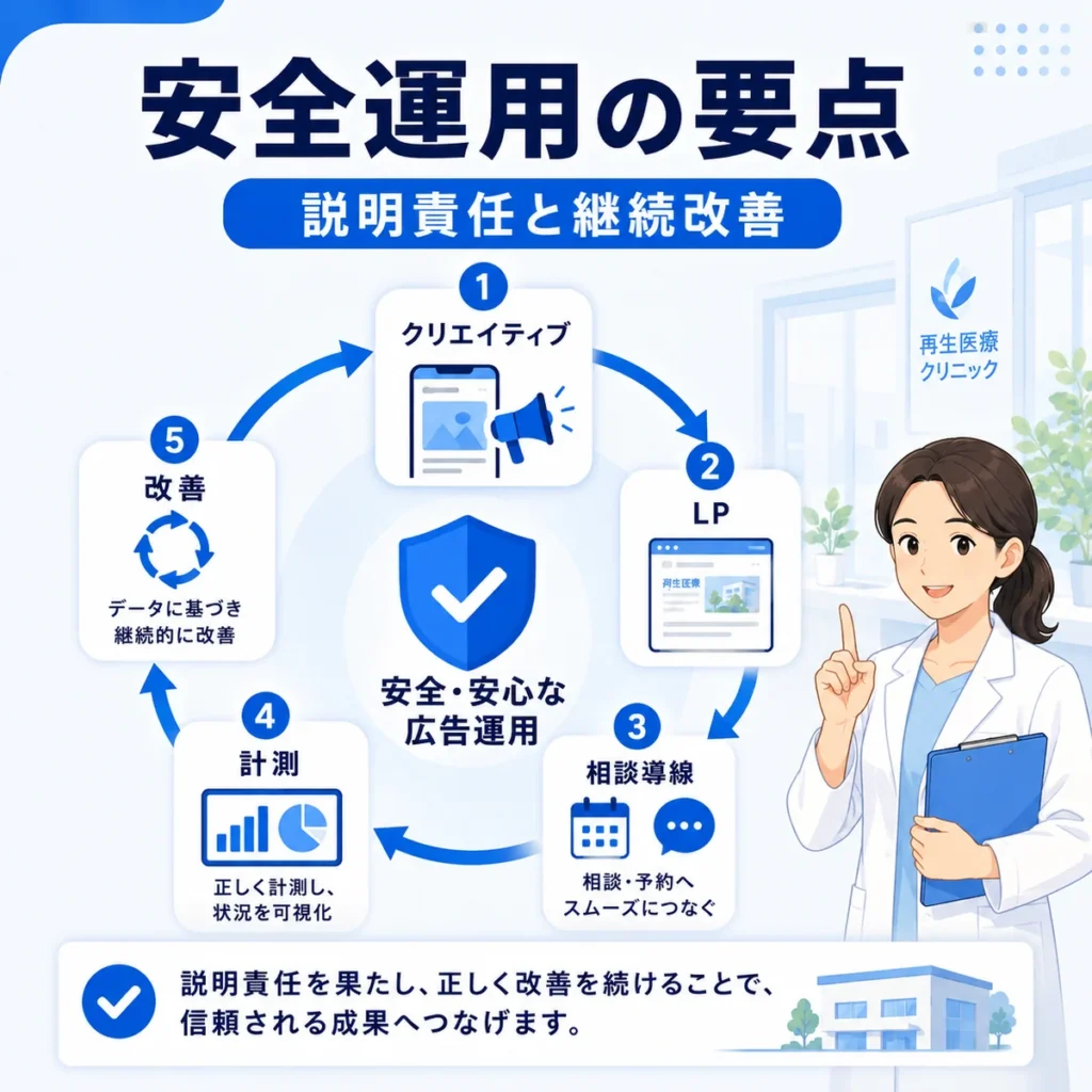 再生医療クリニックのFacebook広告を安全に成果へつなげる運用要点をまとめたイラスト