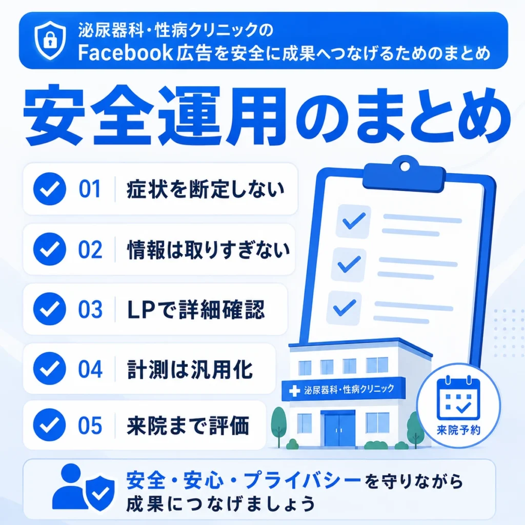 泌尿器科・性病クリニックのFacebook広告を安全に成果へつなげる運用ポイントをまとめたイラスト