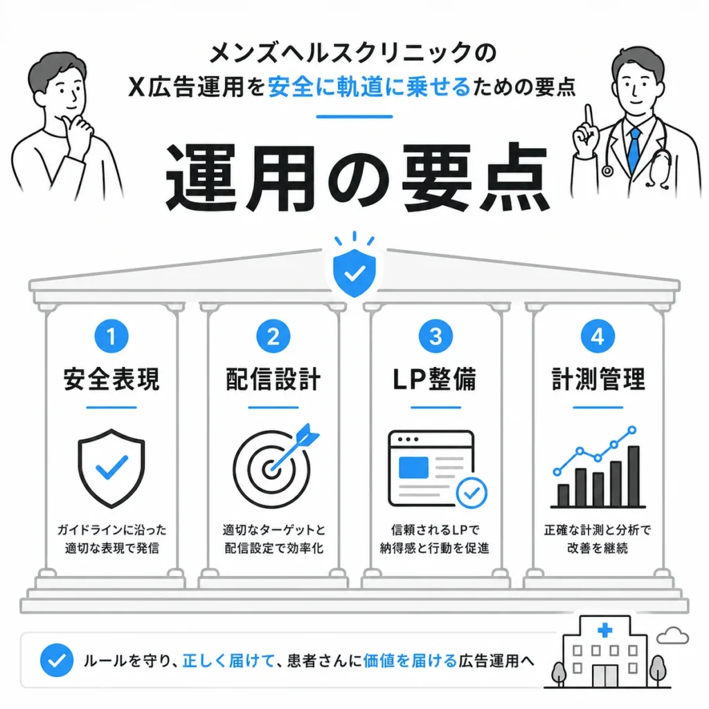 メンズヘルスクリニックのX広告運用を安全に軌道に乗せる要点を整理したまとめイラスト