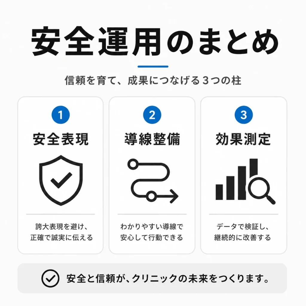 精神科クリニックのX広告を安全表現、導線整備、効果測定の3点でまとめたイラスト