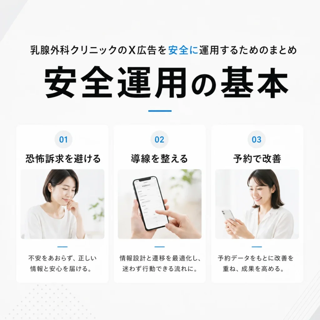 乳腺外科クリニックのX広告を安全に運用するための基本方針をまとめたイラスト