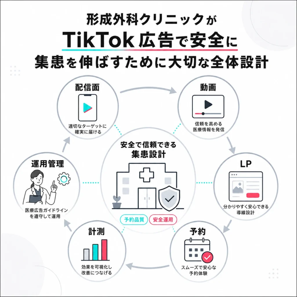 形成外科クリニックがTikTok広告で安全に集患を伸ばすための全体設計を示すイラスト
