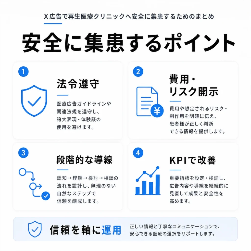 X広告で再生医療クリニックへ安全に集患するための法令遵守、費用リスク開示、段階的導線、KPI改善をまとめたイラスト
