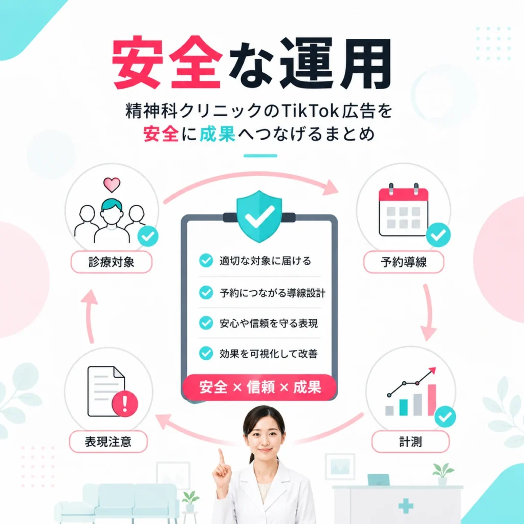 精神科TikTok広告を安全に運用し、診療対象・予約導線・表現注意・計測を整理するまとめイラスト